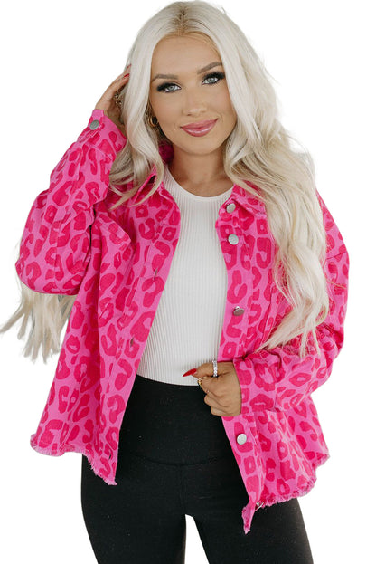 Pink Leopard Print Button Cuffs Raw Hem Jacket