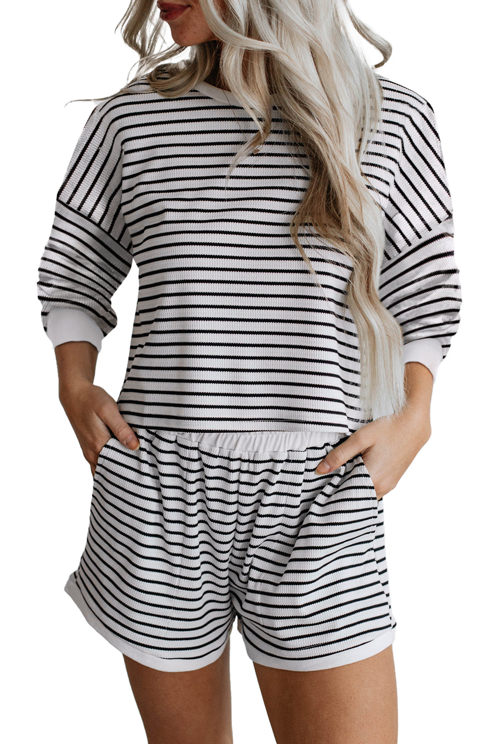 Stripe Textured 3/4 Sleeve Top and Shorts Set