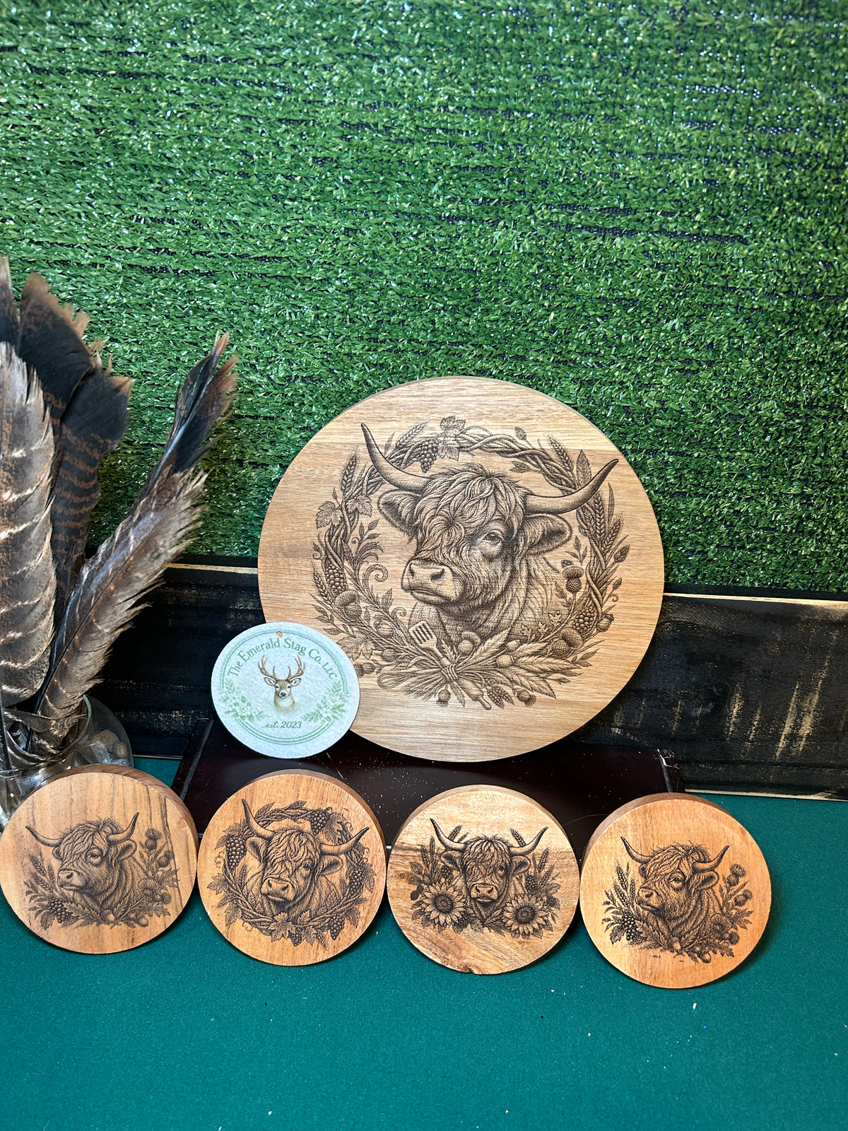 Rustic Laser Engraved Highland Cow Cutting Board with 4 pc. Matching Coaster Set