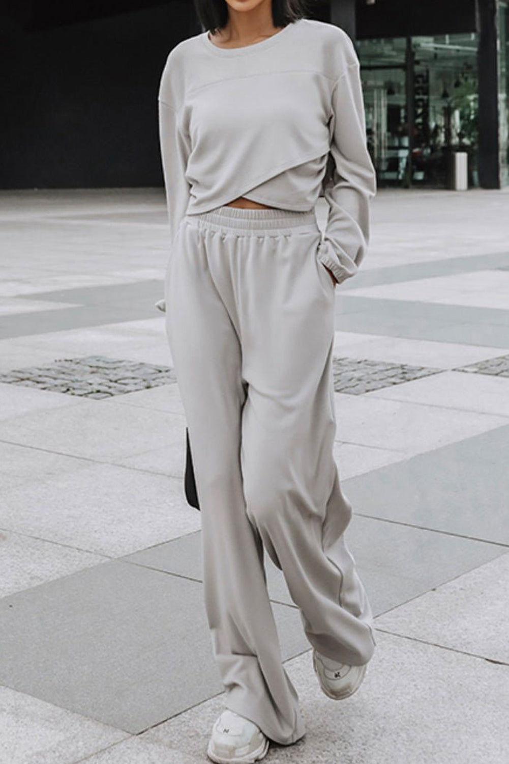 Tracy: Light Grey Solid Criss Cross Crop Top and Pants Active Set