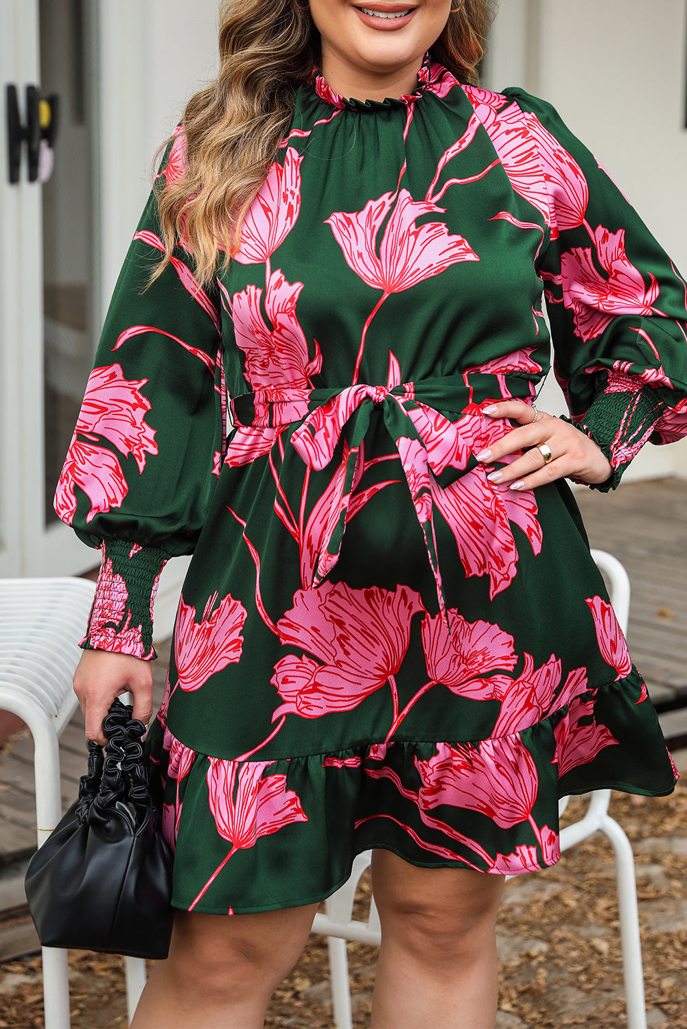 Shirred Bracelet Sleeve Ruffled Floral Dress