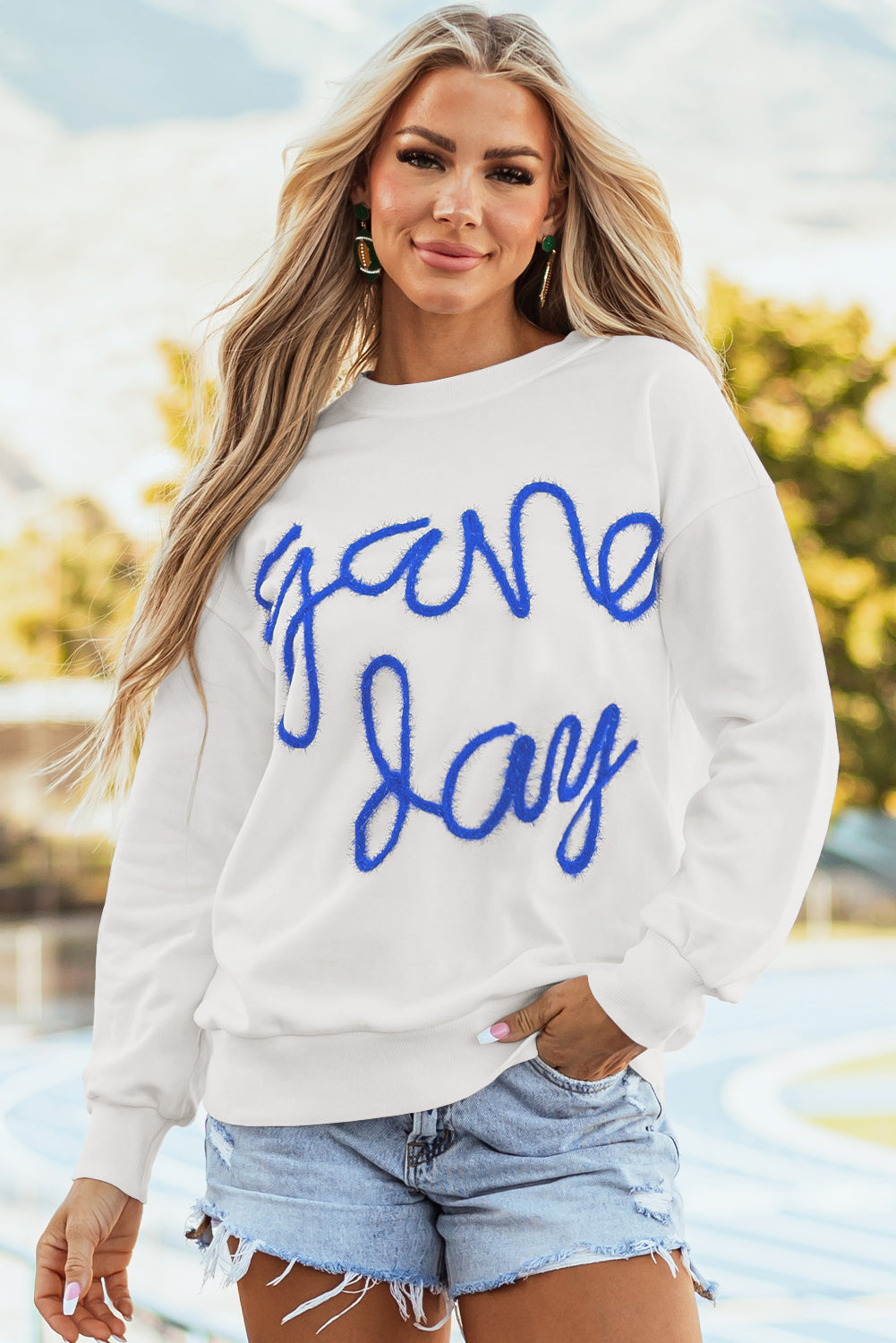 White Tinsel Game Day Drop Shoulder Graphic Sweatshirt