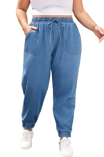 Mary; Drawstring Waist Pocketed Plus Size Denim Joggers