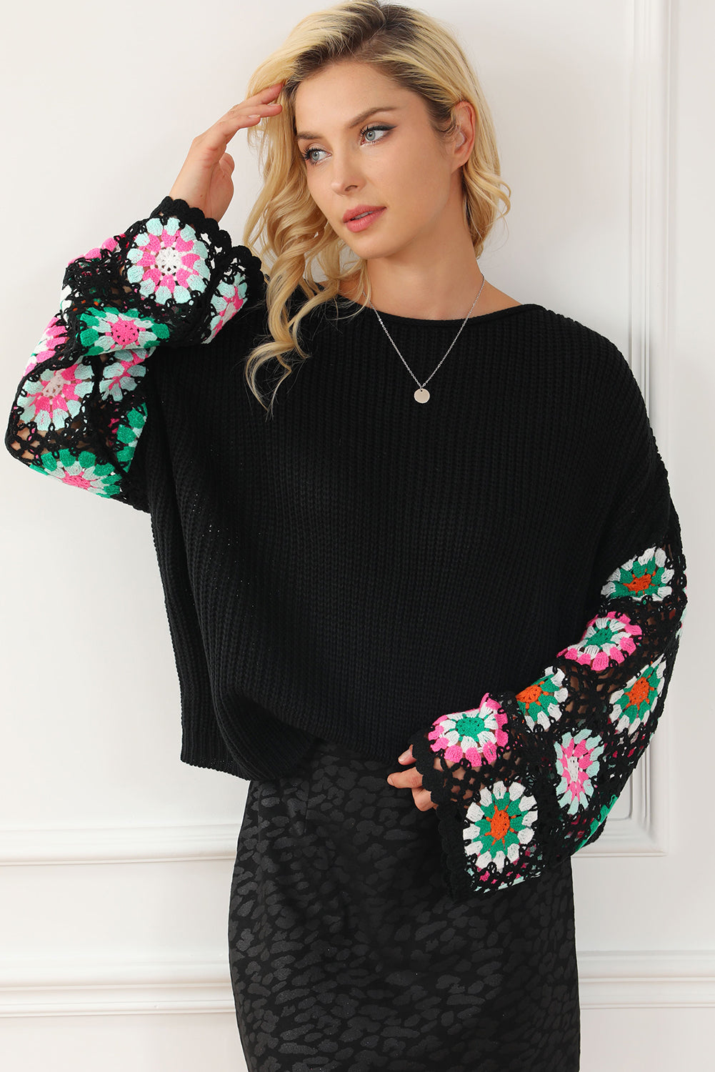 Floral Crochet Bell Sleeve Loose Sweater