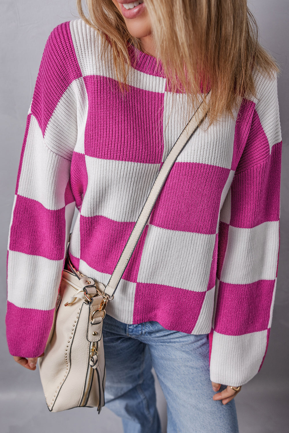 Checkered Round Neck Baggy Sweater