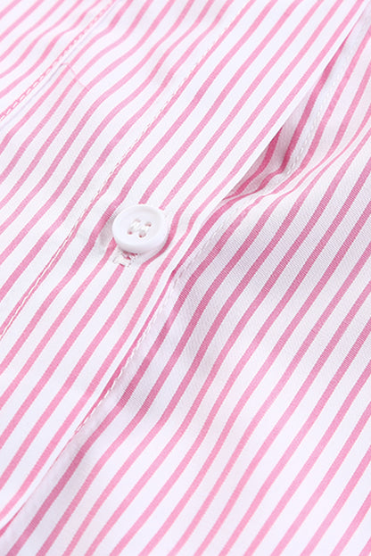 Pink Smocked Cuffed Striped Boyfriend Shirt with Pocket