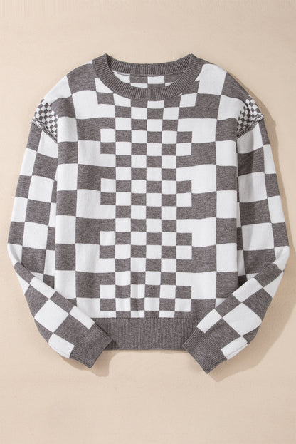 Checkered Print Drop Shoulder Round Neck Sweater