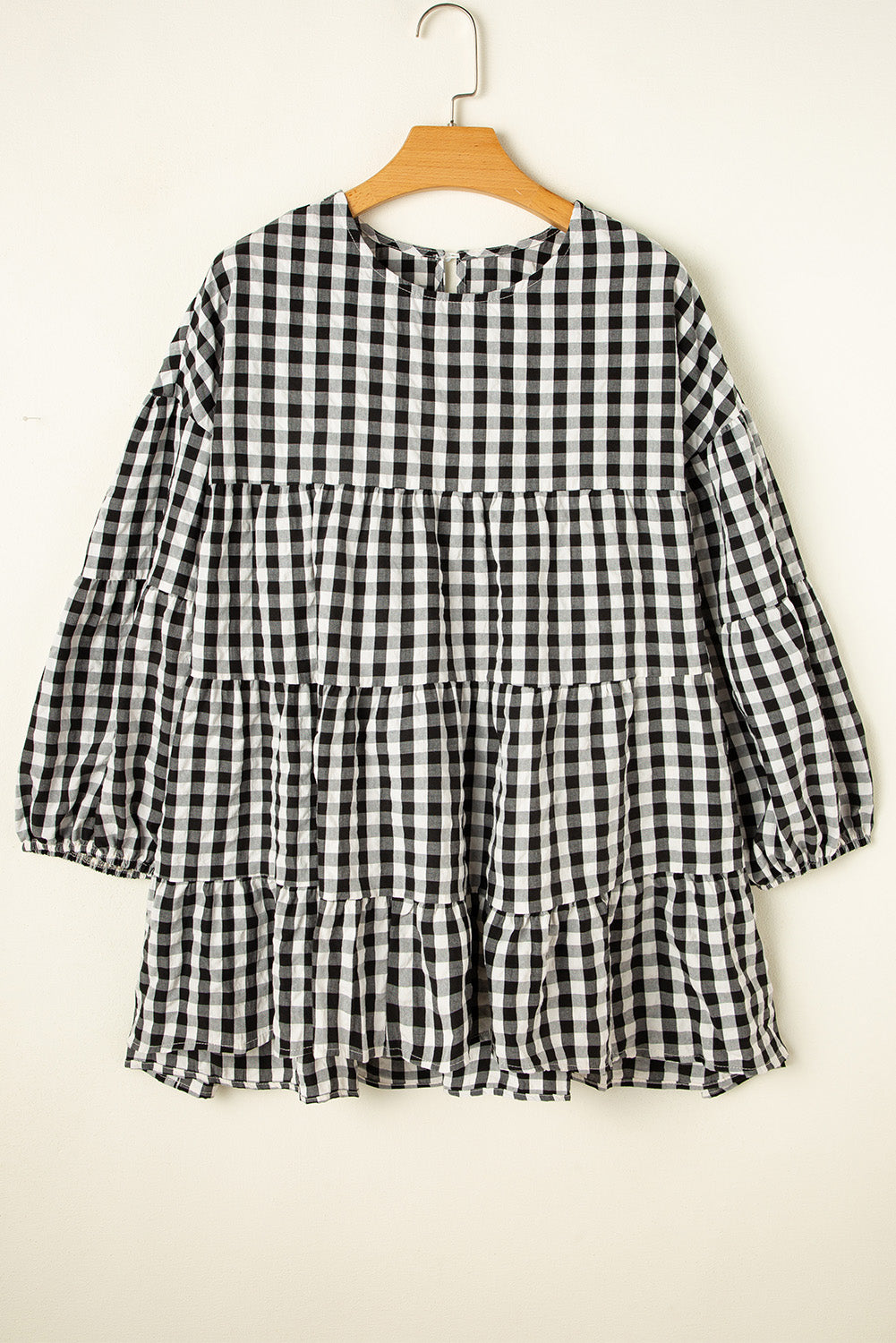 Checkered Puff Sleeve Tiered Loose Babydoll Blouse