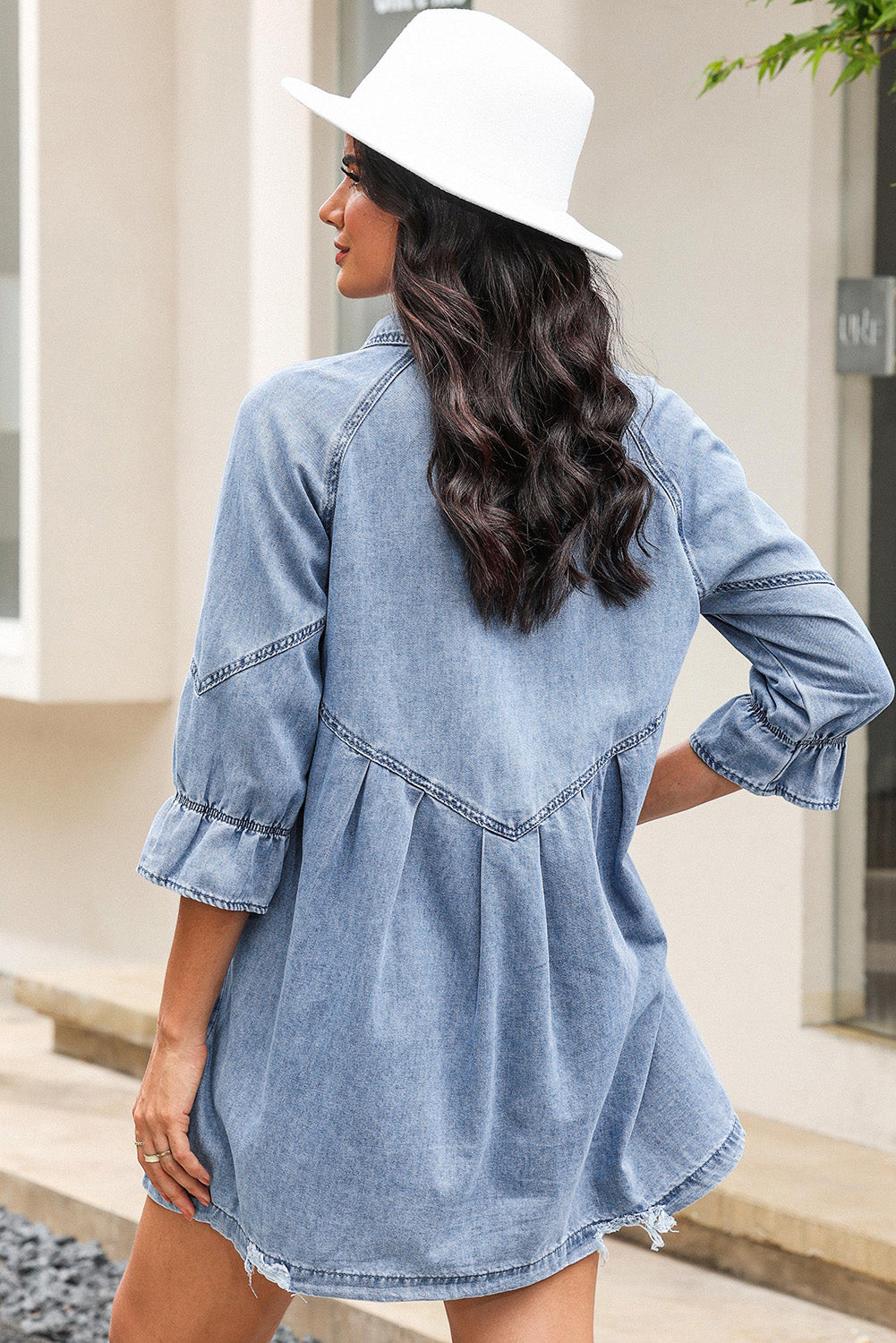 Ruffled 3/4 Sleeve Buttoned Front Plus Size Denim Dress