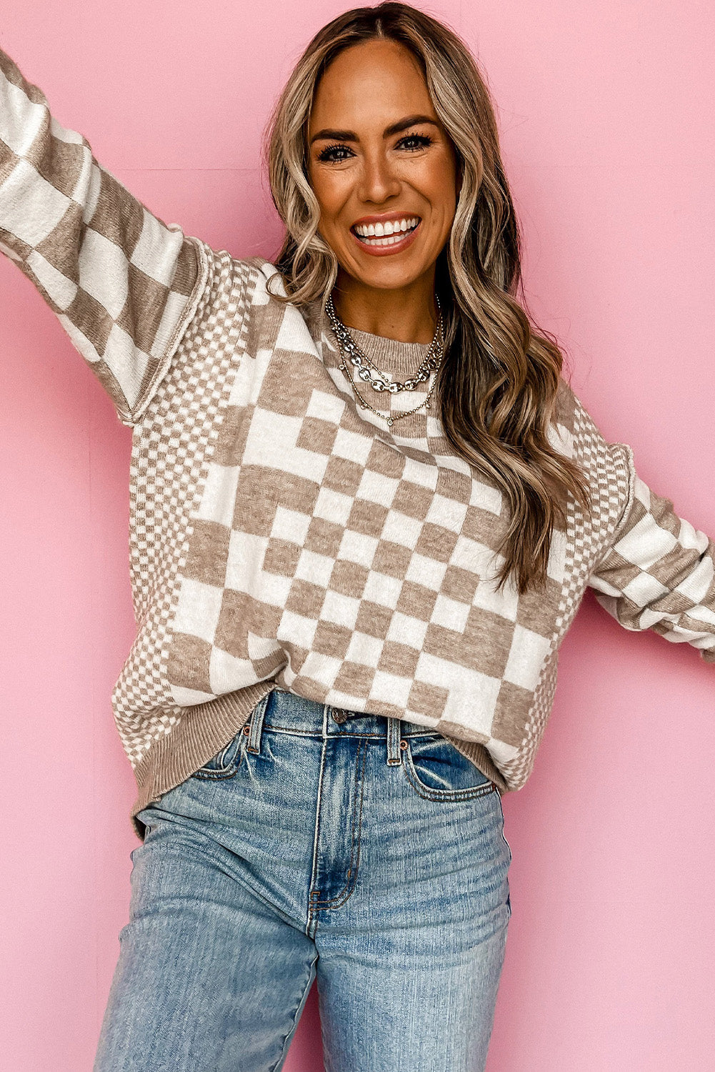 Checkered Print Drop Shoulder Round Neck Sweater