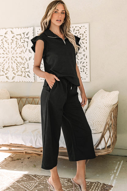 Textured Flutter Sleeve Top Wide Leg Pants Set