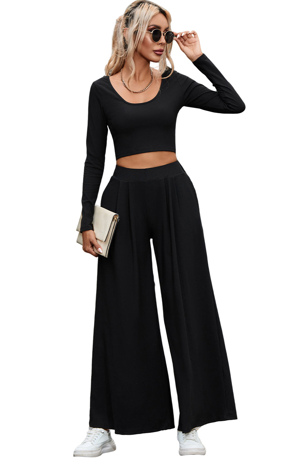 Ribbed Crop Top Long Pants Set