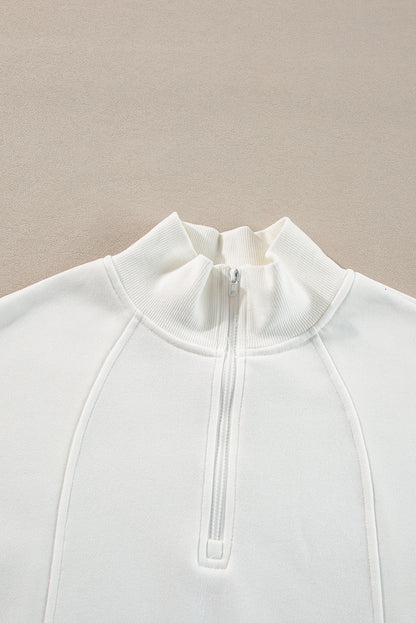 White Zipped Neck Pullover Drop Shoulder Sweatshirt