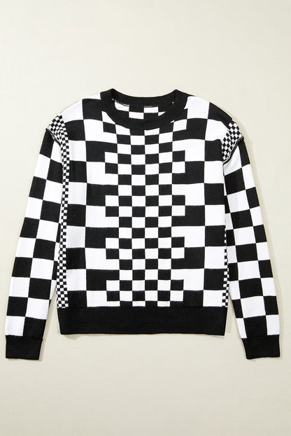 Checkered Print Drop Shoulder Round Neck Sweater