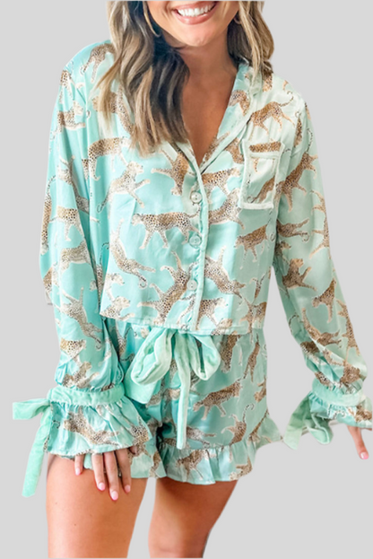 Green Leopard Satin Ruffle Pajama Short Set