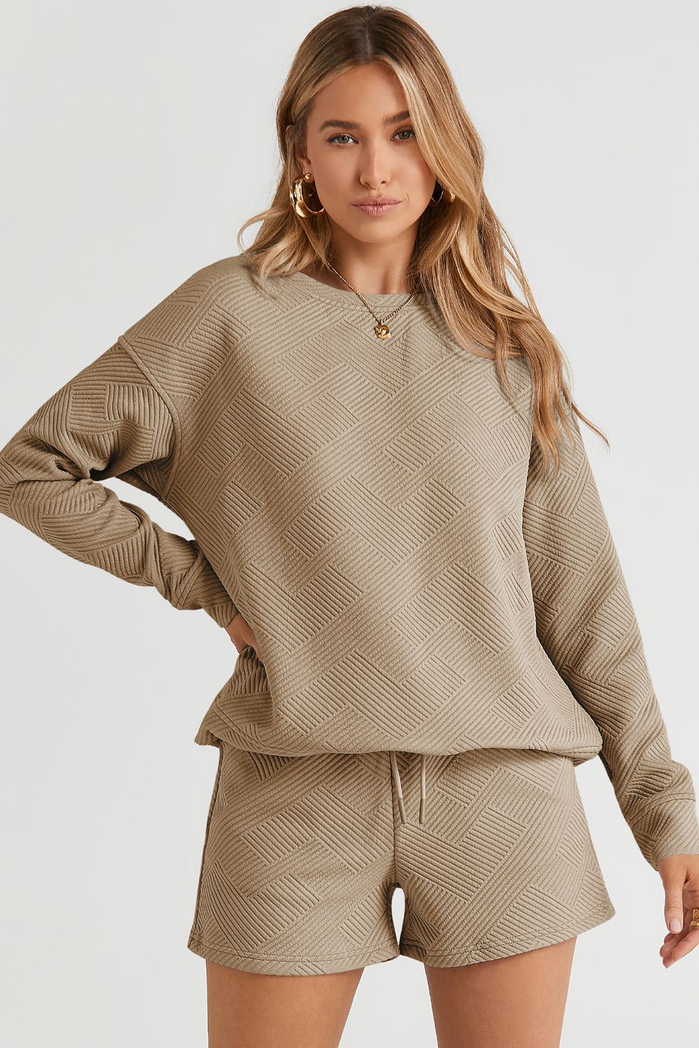 Pale Khaki Textured Long Sleeve Top and Drawstring Shorts Set