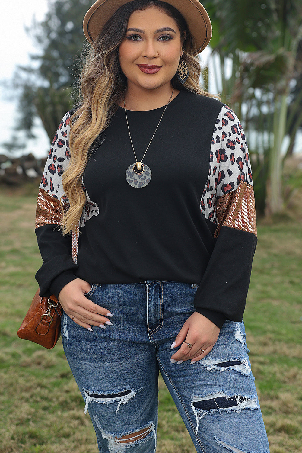 Leopard Sequin Patch Plus Size Long Sleeve Top