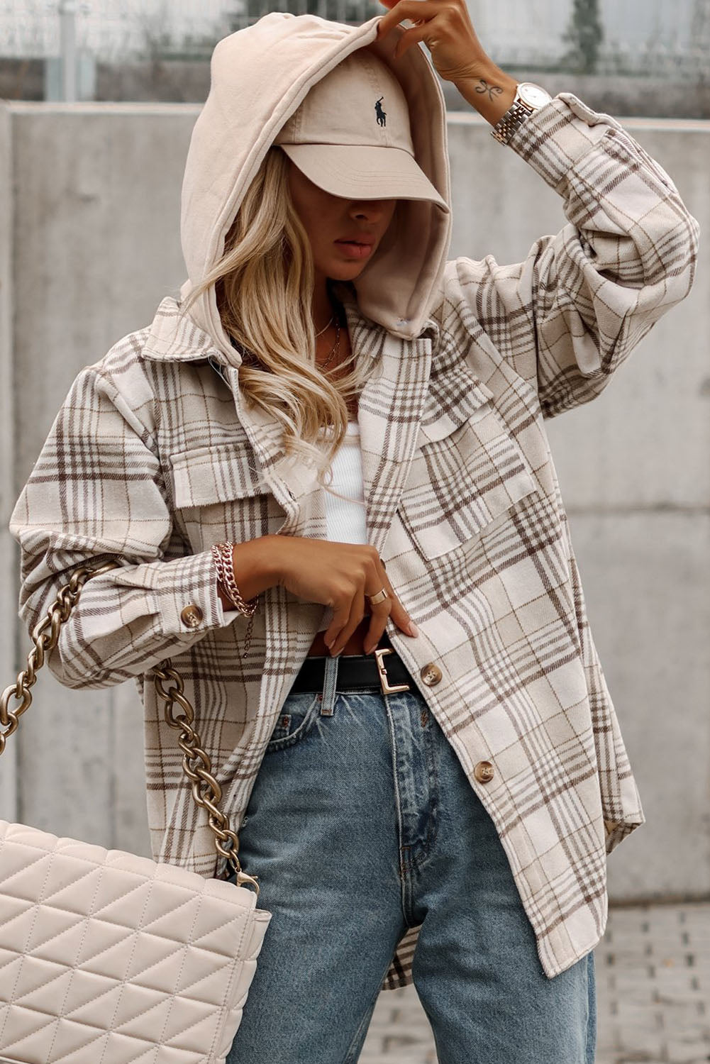 Plaid Removable Hood Buttoned Shacket