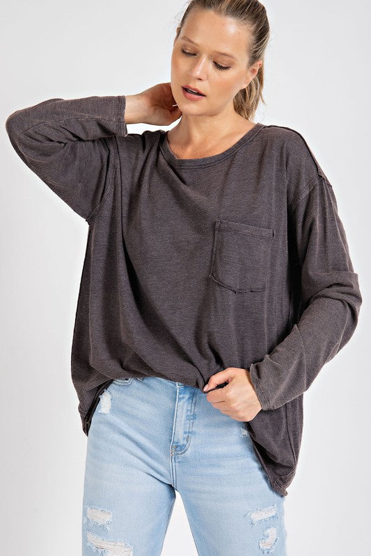 Rae Mode Mineral Washed Round Neckline Long Sleeves Top