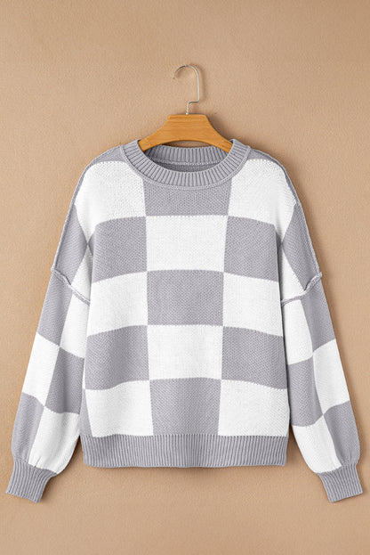 Gray Checkered Bishop Sleeve Sweater