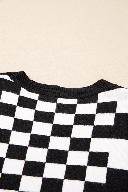 Checkered Print Drop Shoulder Round Neck Sweater