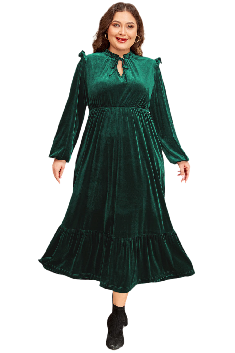 EverGreen Velvet Frilled up Neck Ruffled High Waist Plus Size Midi Dress