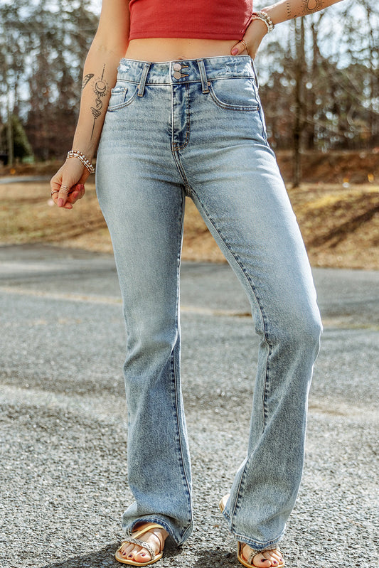 Sky Blue Subtle Ripped Detail Flare Bottom Jeans