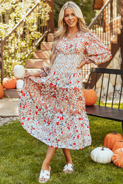 Floral Print Ruffled Tiered Long Sleeve V Neck Midi Dress