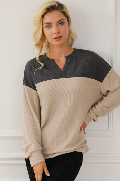 Notched Neck Colorblock Corded Sweatshirt