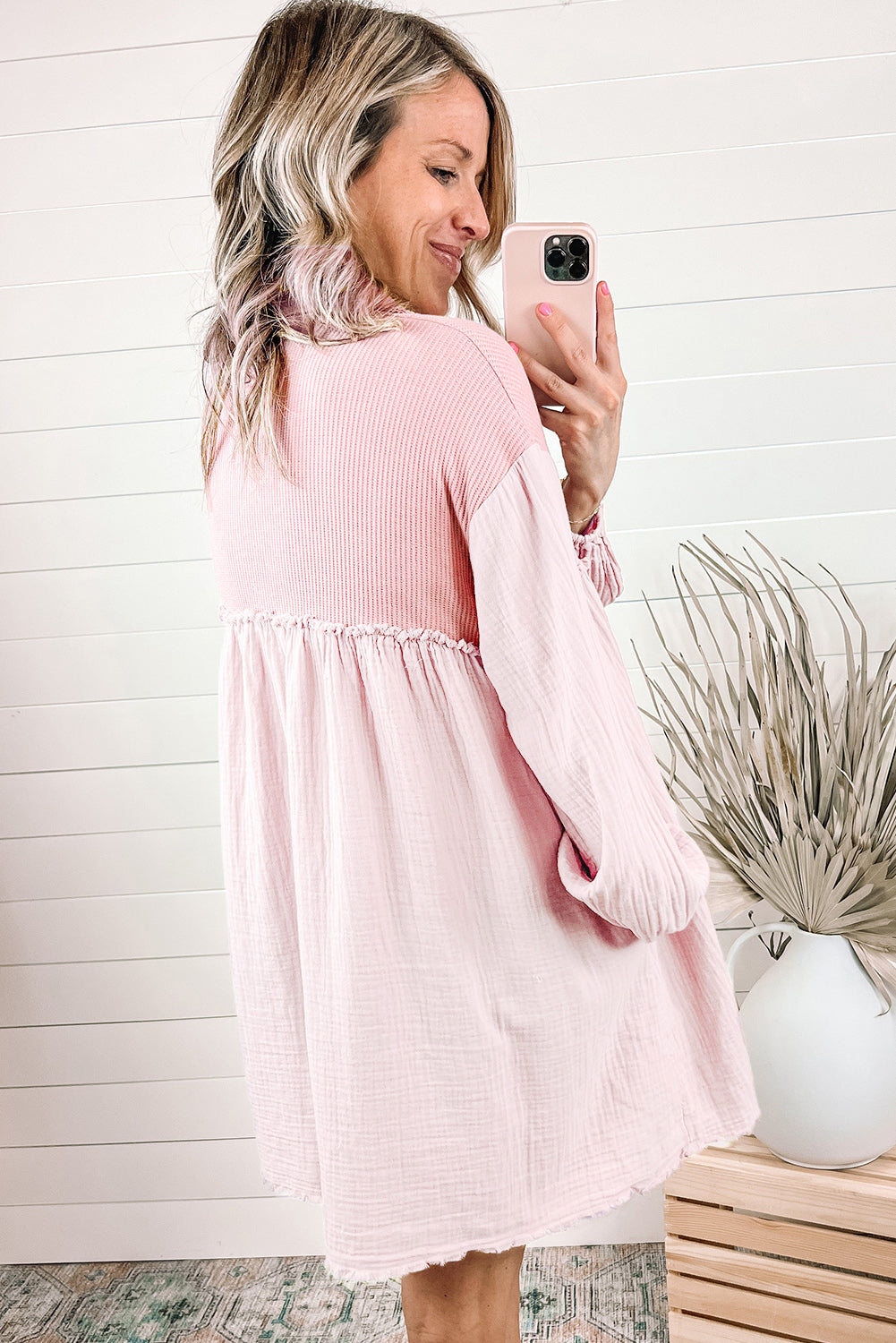 Pink Patchwork Crinkle Puff Sleeve Shirt Dress