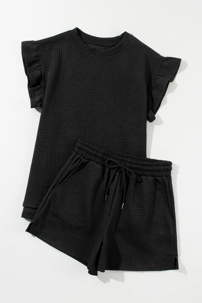 Textured Ruffle Split Top and Drawstring Shorts