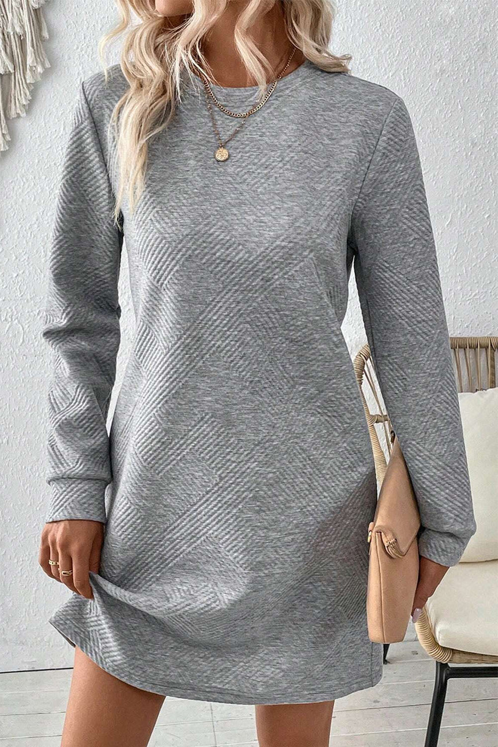 Textured Long Sleeve Shift Dress