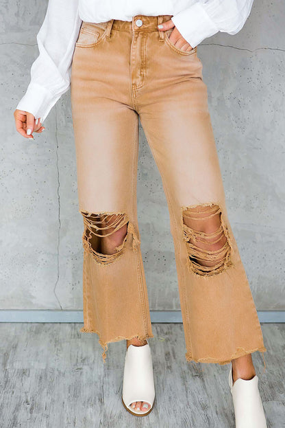 Distressed Hollow-out High Waist Cropped Flare Jeans