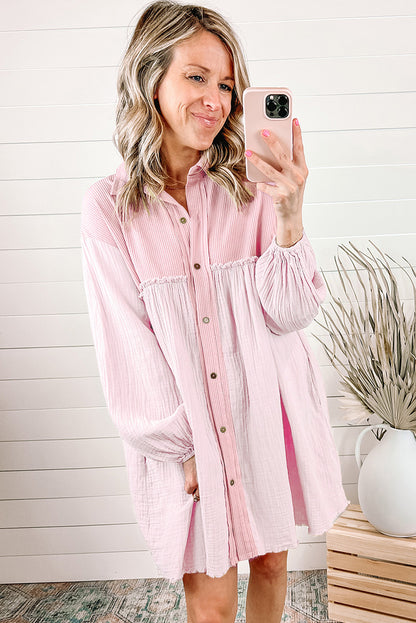 Pink Patchwork Crinkle Puff Sleeve Shirt Dress