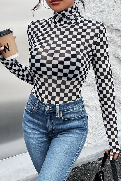 Checkered Printed Long Sleeve High Neck Bodysuit