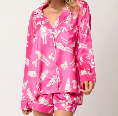 Printed Collared Neck Long Sleeve Top and Shorts Set