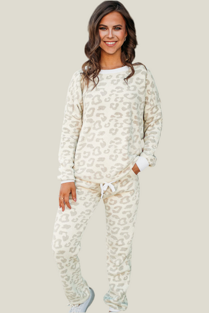 White Leopard Pullover and Drawstring Pants Lounge Set