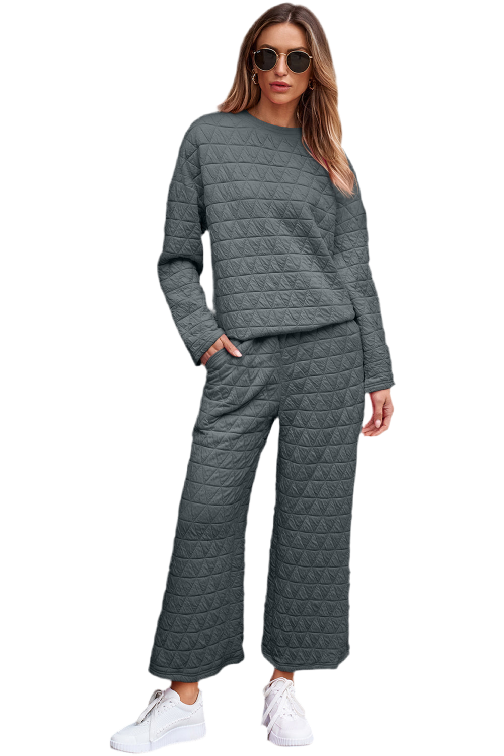 Dark Grey Solid Quilted Pullover and Pants Outfit