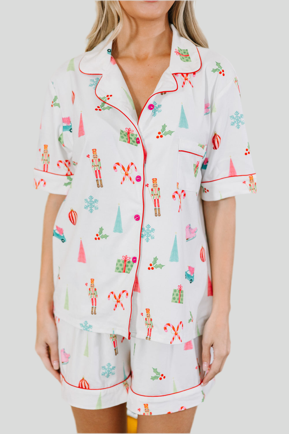 White Christmas Print Short Sleeve Shirt and Shorts Pajama Set