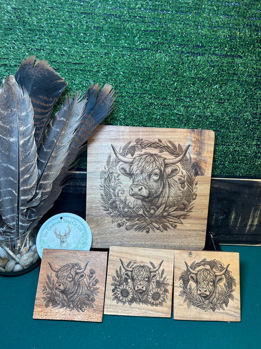 Rustic Engraved Highland Cow Cutting Board with 3 pc. Matching Coaster Set