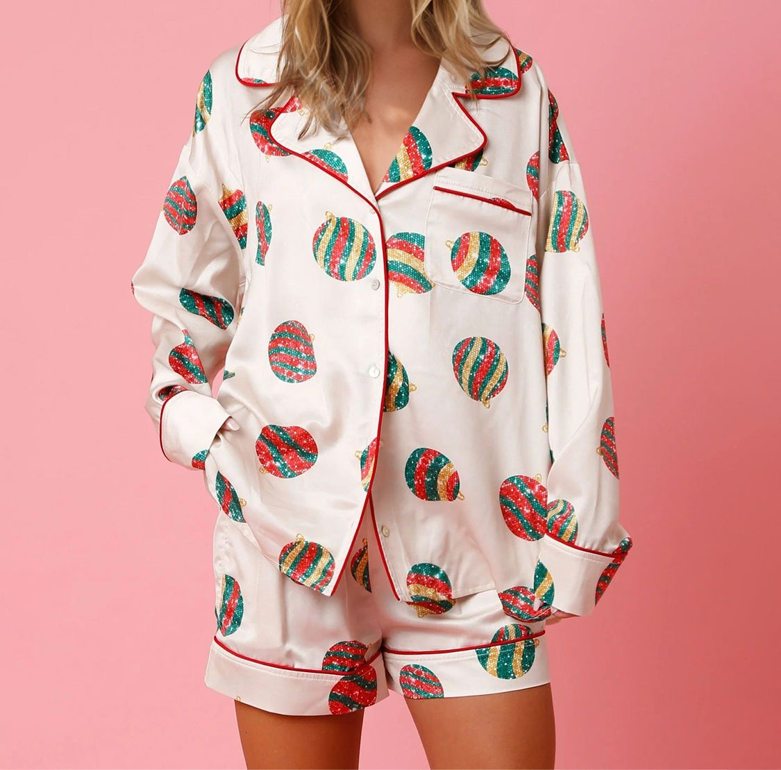 Printed Collared Neck Long Sleeve Top and Shorts Set