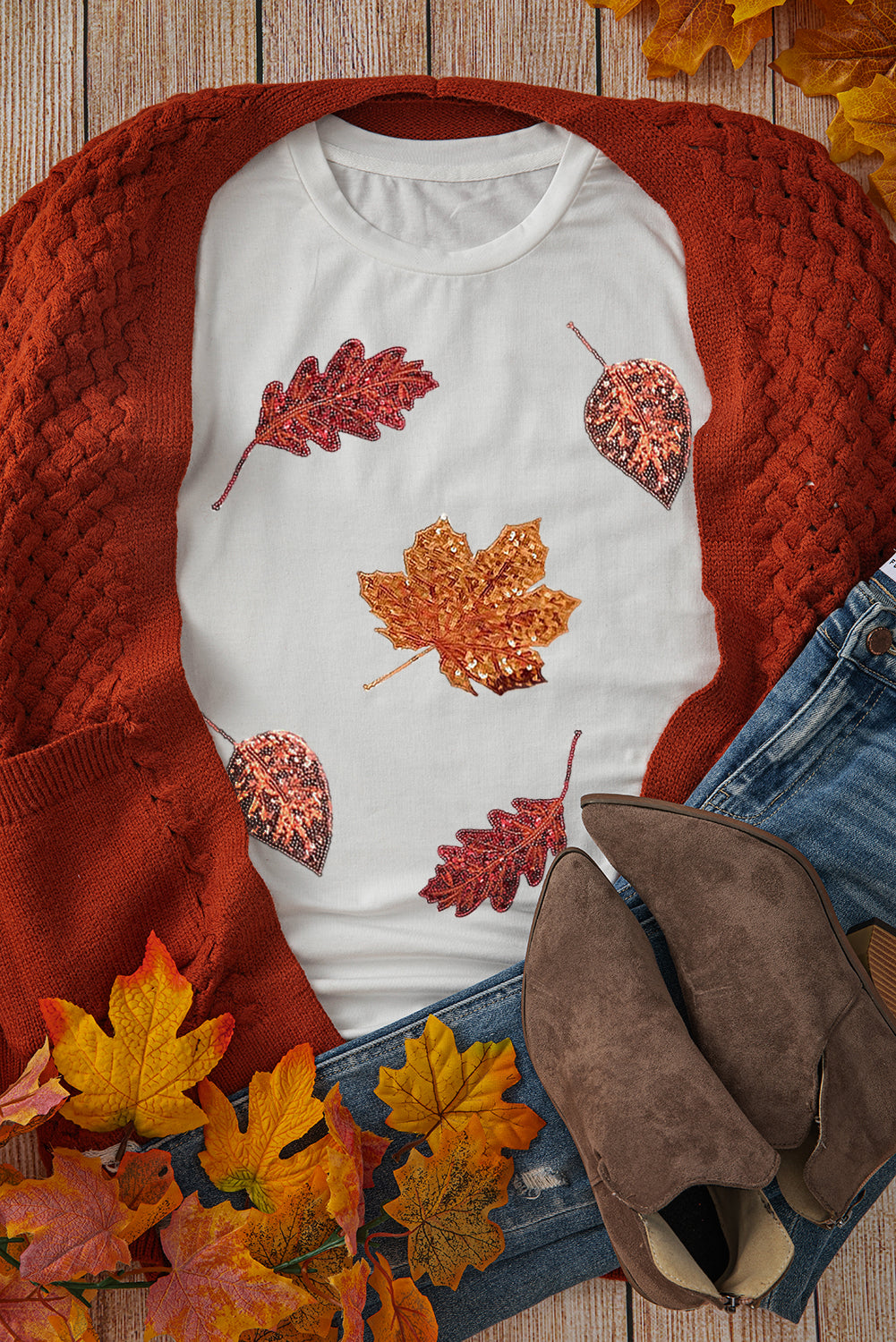 Halloween Sequined Leaves Graphic Crew Neck T Shirt