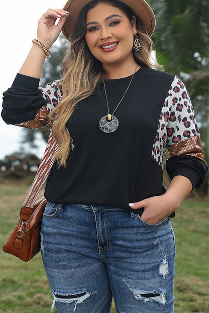 Leopard Sequin Patch Plus Size Long Sleeve Top