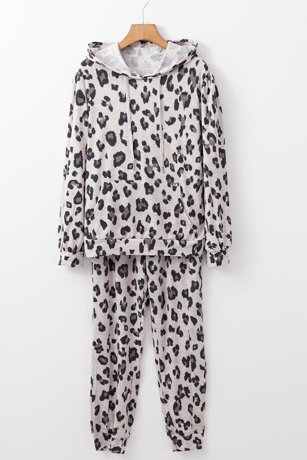 Leopard Print Drawstring Hoodie and Skinny Pants Lounge Set