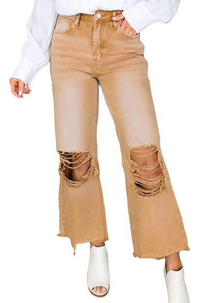 Distressed Hollow-out High Waist Cropped Flare Jeans