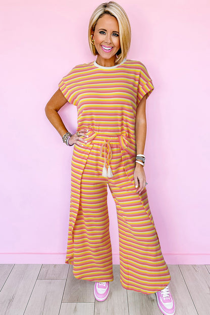 Yellow Stripe Rainbow Tee Tasseled String Wide Leg Pants Set