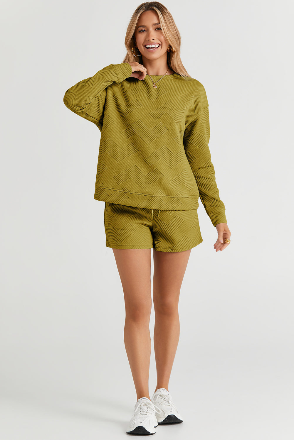 Textured Long Sleeve Top and Drawstring Shorts Set