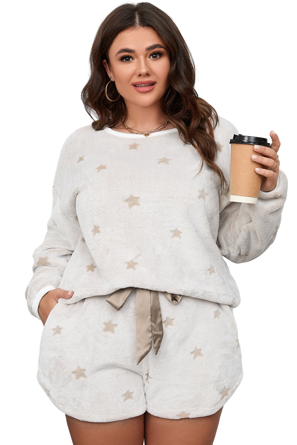 White Plus Size Plush Star Pattern Top and Shorts Set