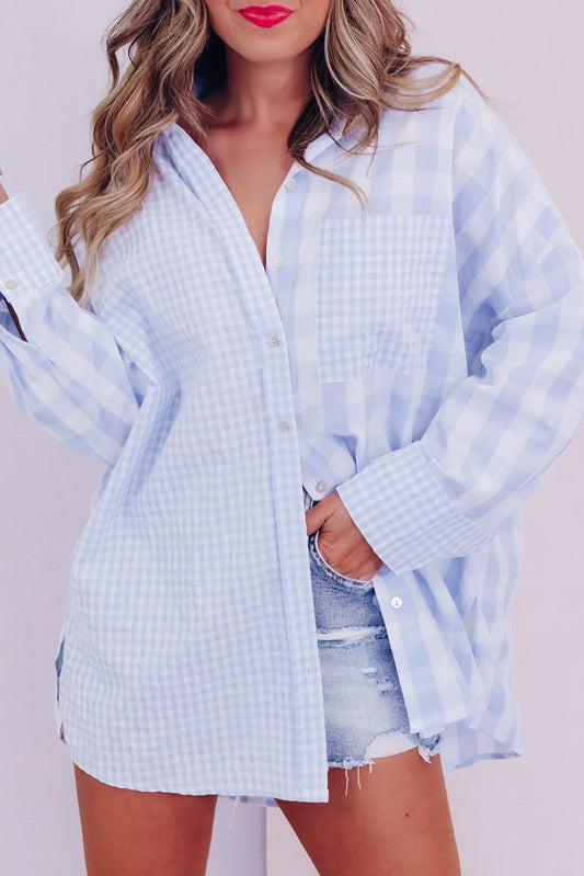 Sky Blue Mix Checked Patchwork Long Sleeve Shirt