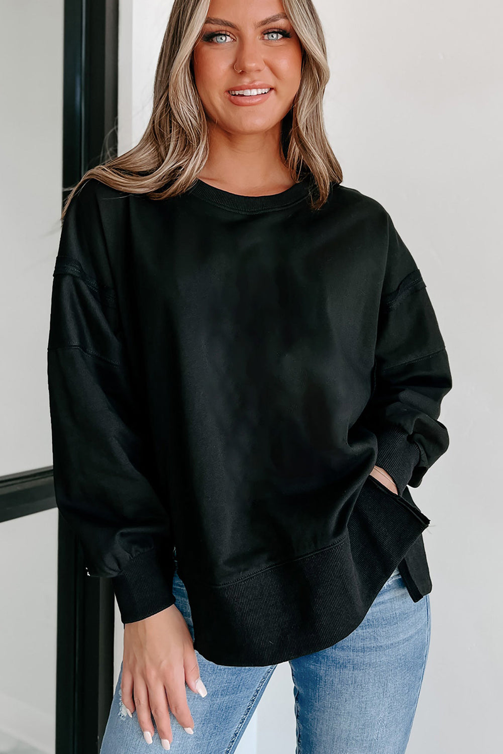 Exposed Seam Drop Shoulder Round Neck Sweatshirt with Slits